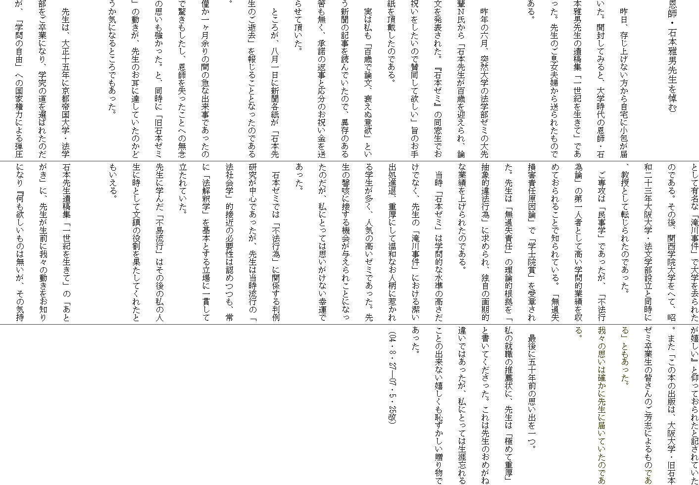 
���t�E�Ζ{��j�搶�𓉂�

�@����A�����グ�Ȃ������玩��ɏ���͂����B�J�����Ă݂�ƁA��w����̉��t�E�Ζ{��j�搶�̈�e�W�u�ꐢ�I�𐶂��āv�ł������B�搶�̂������v�w���瑗��ꂽ���̂ł���B
�@
�@��N�̘Z���A�ˑR��w�̖@�w���[�~�̑��y�m������u�Ζ{�搶���S�΂��}�����A�_���𔭕\���ꂽ�B�w�Ζ{�[�~�x�̓������ł��j�����������̂Ŏ^�����ė~�����v�|�̂��莆�𒸑Ղ����̂ł���B
�@���͎����u�S�΂Ř_���A�����ʈӗ~�v�Ƃ����V���̋L����ǂ�ł����̂ŁA�ّ��̂��锤�������A�����̕Ԏ��Ɖ����̂��j�����𑗂点�Ē������B
�@�Ƃ��낪�A��������ɐV���e�����u�Ζ{�搶�̂������v��񂶂邱�ƂƂȂ����̂ł���B
�͂��ꃖ���]��̊Ԃ̋}�ȏo�����ł������̂ŋ������������A���t�����������Ƃւ̖��O�̎v�������������B�ƁA�����Ɂu���Ζ{�[�~�v�̓������A�搶�̂����ɒB���Ă����̂��ǂ����C�ɂȂ�Ƃ���ł��������B

�@�搶�́A�吳�\�ܔN�ɋ��s�鍑��w�E�@�w���������ƂɂȂ�A�w���̓���I�΂ꂽ�̂����A�u�w��̎��R�v�ւ̍��ƌ��͂ɂ��e���Ƃ��ėL���ȁu��쎖���v�ő�w������ꂽ�̂ł���B���̌�A�֐��w�@��w���ւāA���a��\�O�N����w�E�@���w���ݗ��Ɠ����ɁA�����Ƃ��ē]����ꂽ�̂ł������B
�@����U�́u�����w�v�ł��������A�u�s�@�s�ט_�v�̑��l�҂Ƃ��č����w��I�Ɛт����߂Ă����邱�ƂŒm���Ă���B�u���ߎ����Q�ӔC�����_�v�Łu�w�m�@�܁v����͂��ꂽ�B�搶�́u���ߎ��ӔC�v�̗��_�I�������u���ۓI��@�s�ׁv�ɋ��߂��A�Ǝ��̉���I�ȋƐт��グ��ꂽ�̂ł���B
�@�����u�Ζ{�[�~�v�͊w��I�Ȑ����̍��������łȂ��A�搶�́u��쎖���v�ɂ����錉���o���i�ށA�d���ɂ��ĉ��a�Ȃ��l���Ɏ䂩���w���������A�l�C�̍����[�~�ł������B�搶��撊P�ɐڂ���@��^����ꂱ�ƂɂȂ����̂����A���ɂƂ��Ă͎v�������Ȃ��K�^�ł������B
�@�Ζ{�[�~�ł́u�s�@�s�ׁv�Ɋ֌W���锻�ጤ�������S�ł��������A�搶�͓������s�́u�@�Љ�w�v�I�ڋ߂̕K�v���͔F�߂��A��Ɂu�@���ߊw�v����{�Ƃ��闧��Ɉ�т��ė�����Ă����B
�搶�Ɋw�񂾁u�s�՗��s�v�͂��̌�̎��̐l���Ɏ��Ƃ��ĕ����̖������ʂ����Ă��ꂽ�Ƃ�������B

�Ζ{�搶��e�W�u�ꐢ�I�𐶂��āv�́u���Ƃ����v�ɁA�搶�����O�ɉ�X�̓��������m��ɂȂ�w�����~�������͖̂������A���̋C�����������x�Ƌ��Ă���ꂽ�ƋL����Ă����B�܂��u���̖{�̏o�ł́A����w�E���Ζ{�[�~���Ɛ��̊F����̂��F�u�ɂ����̂ł���v�Ƃ��������B
��X�̎v���͊m���ɐ搶�ɓ͂��Ă����̂ł���B

�@�Ō�Ɍ܏\�N�O�̎v���o����B
���̏A�E�̐��E��ɁA�搶�́u�ɂ߂ďd���v�Ə����Ă����������B����͐搶�̂��߂��ˈႢ�ł͂��������A���ɂƂ��Ă͐��U�Y��邱�Ƃ̏o���Ȃ����������p�����������蕨�ł������B
�i04�E8�E27�\07�E5�E25���j


